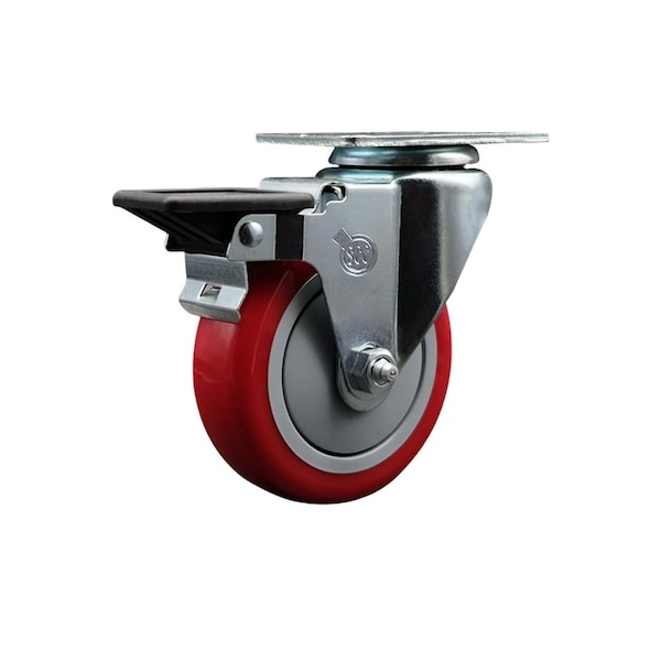 Service Caster 4'' Red Poly Wheel Swivel Top Plate Caster Posi Brake SCC-20S414-PPUB-RED-PLB - main